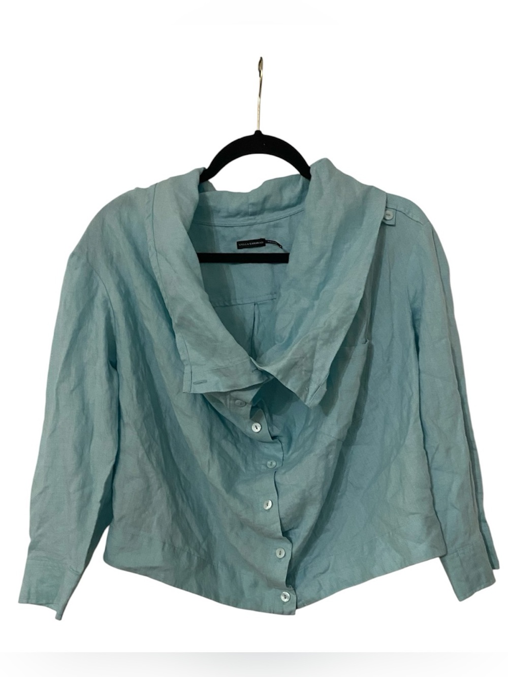 Stella Carakasi Light Blue Women's Button-Front Draped Collar Linen Top Medium M